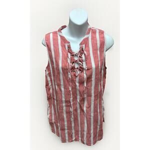 Christian Siriano Womens Linen Top Small Red White Striped Lace Up Sleeveless